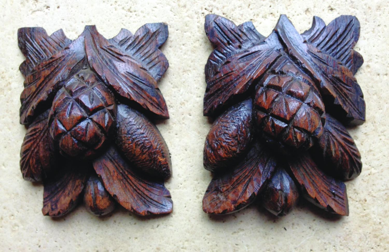 Pair 19th Cent carved Oak Pine Cones