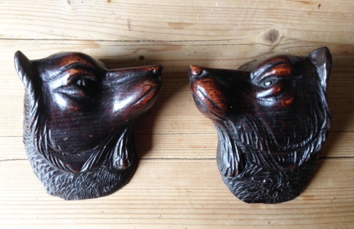 Pair 19th Cent Carved Treen Dogs Heads