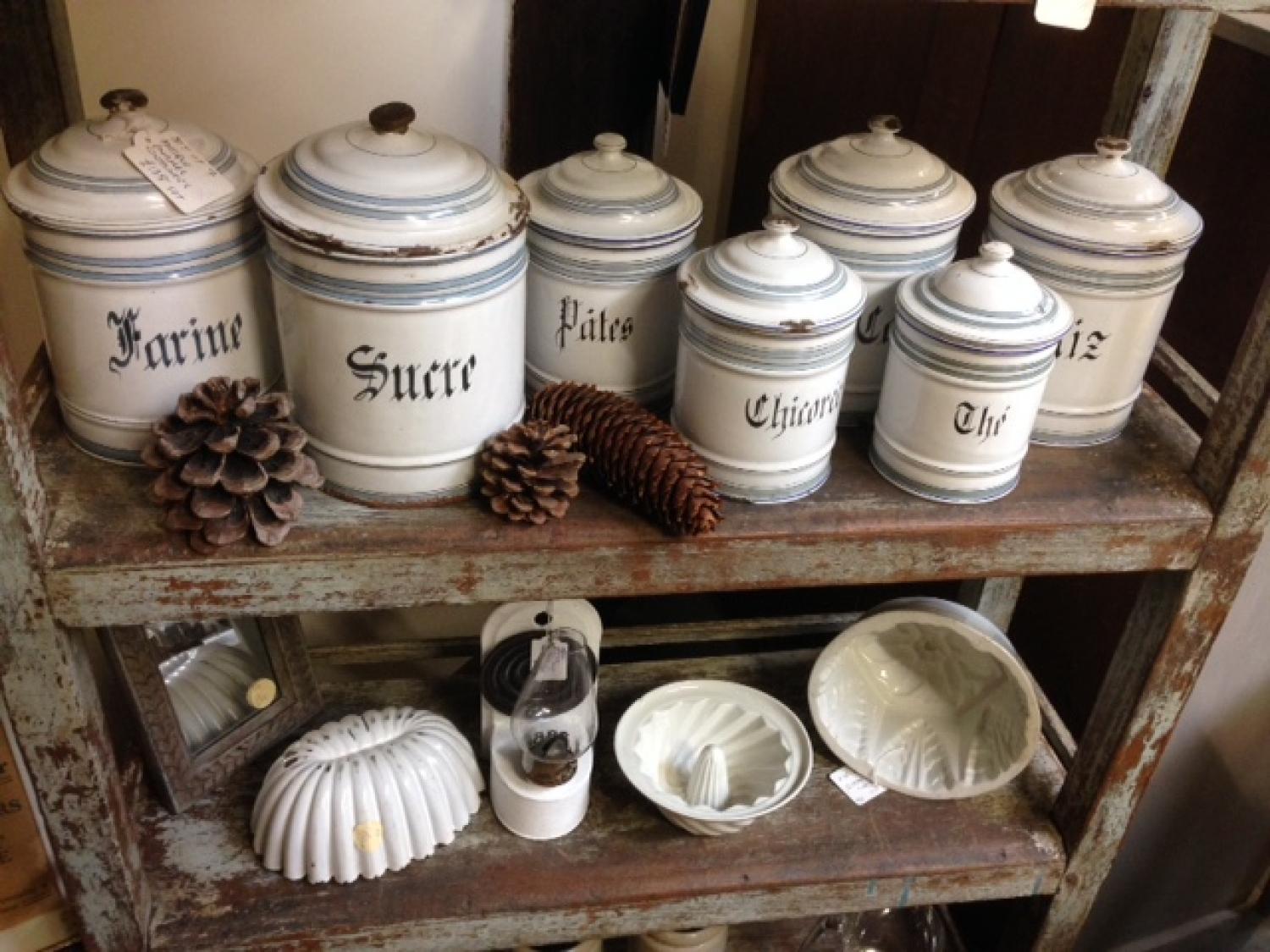 Set of 7 French Enamel Storage Canisters
