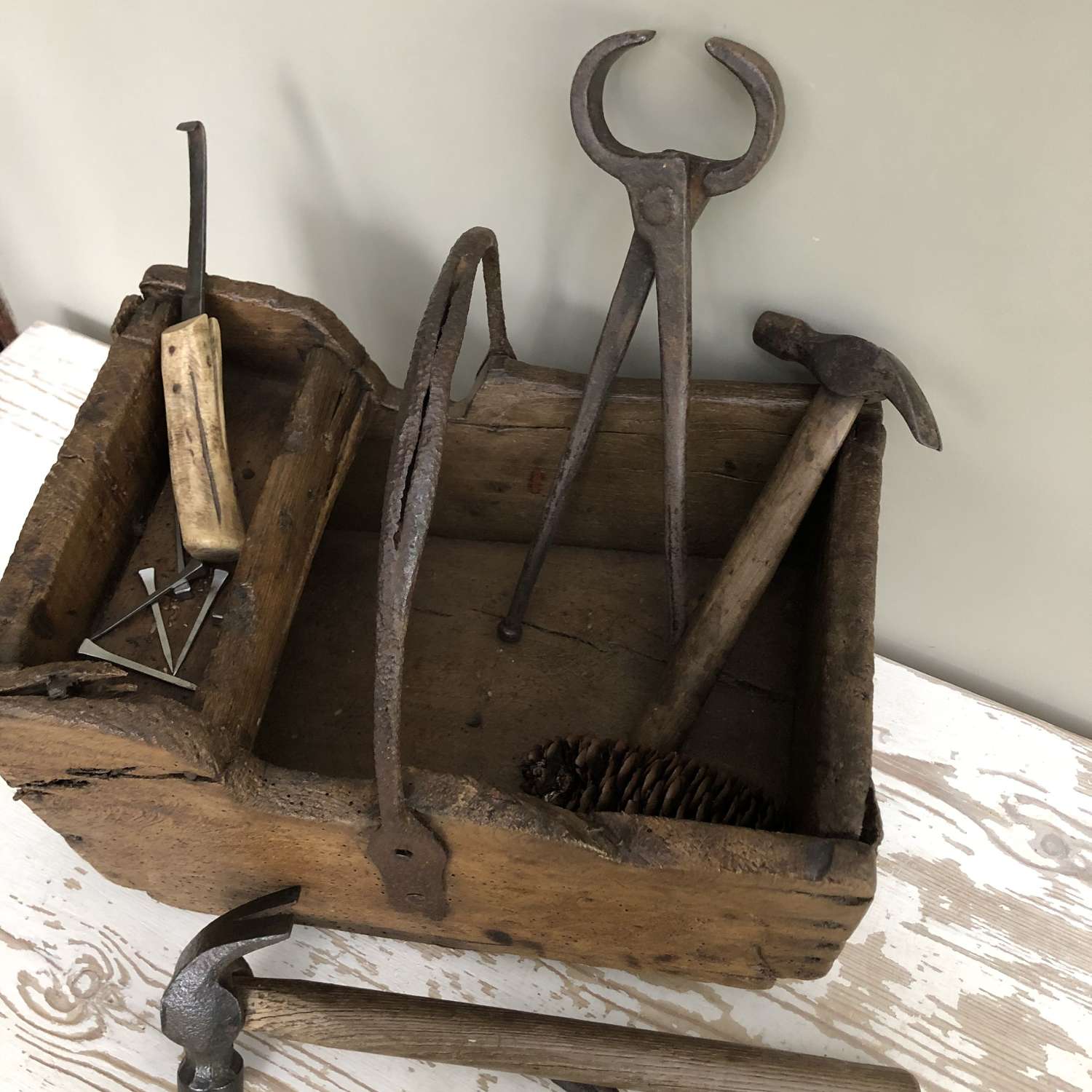 19th Cent Elm Farrier's box with tools