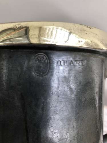 Heavy 1 Quart Pewter Tankard with Brass Rim
