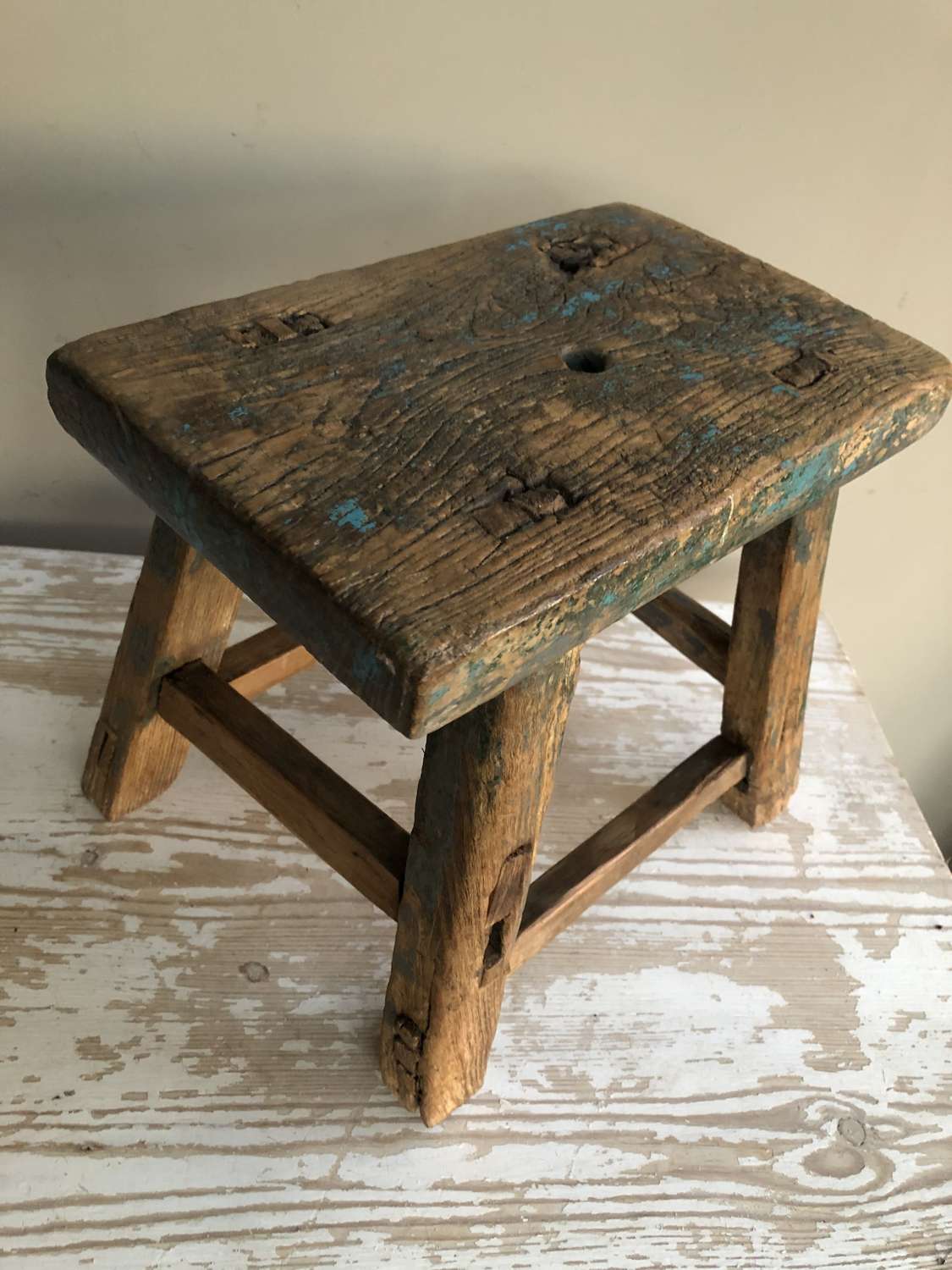 Small Elm Stool with Old Paint