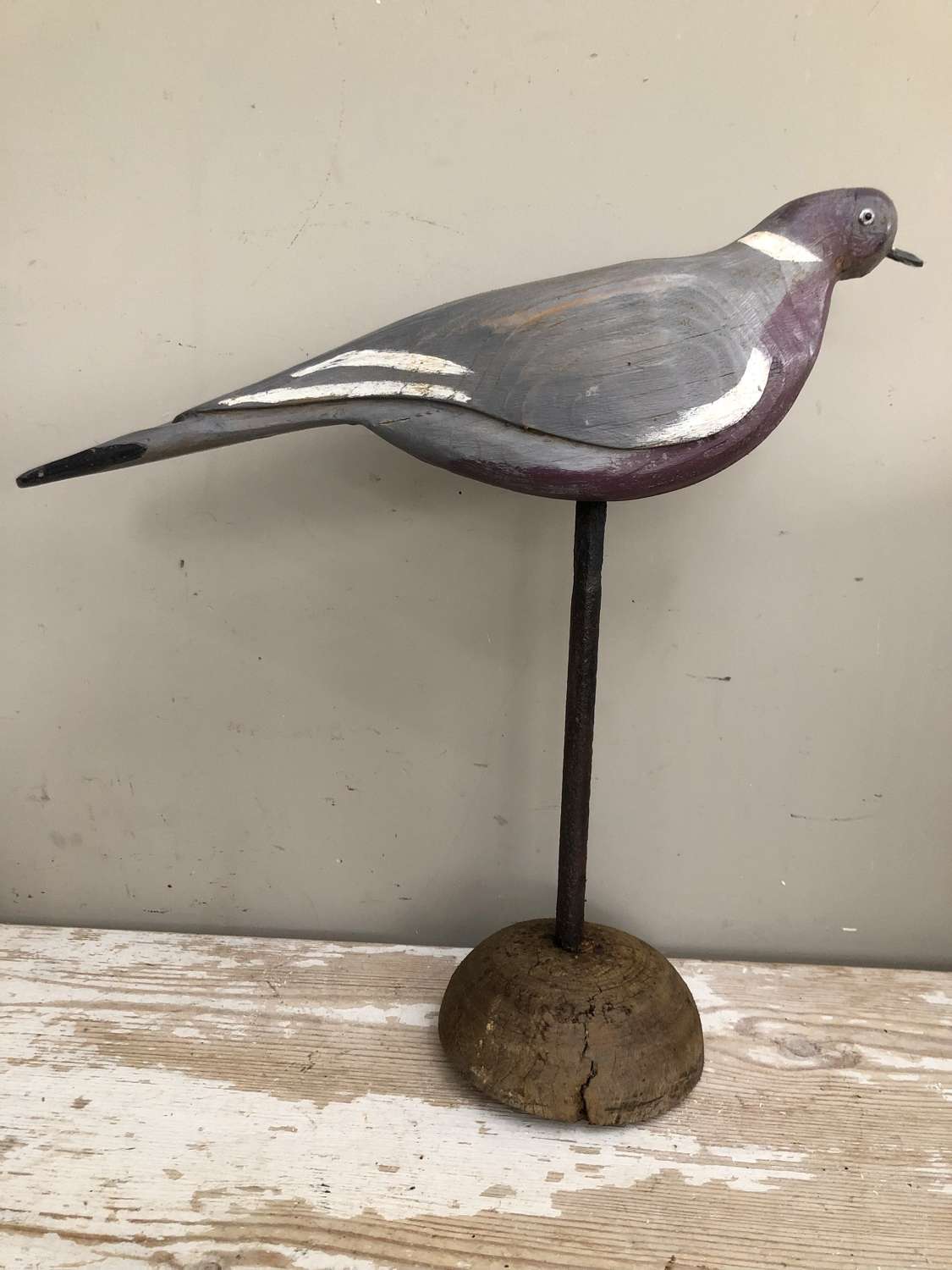 Painted Wooden Pigeon Decoy on old base