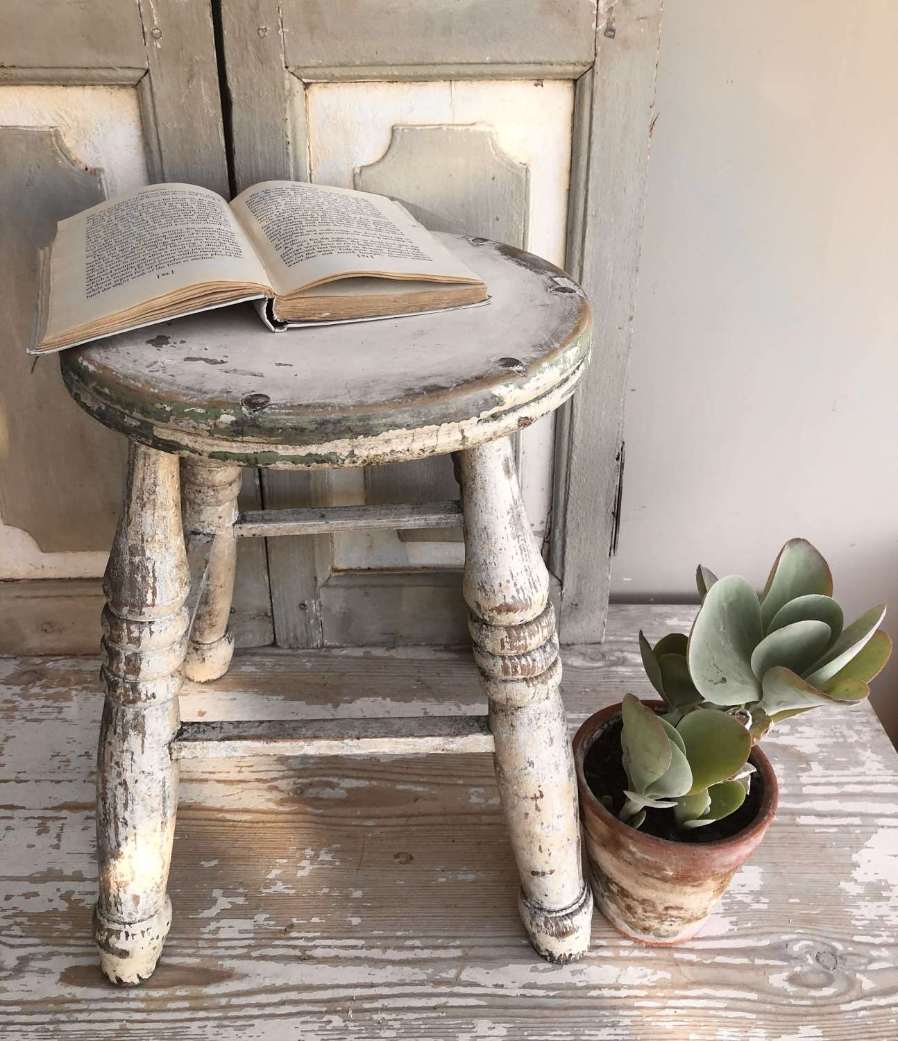 Round Stool in old white paint
