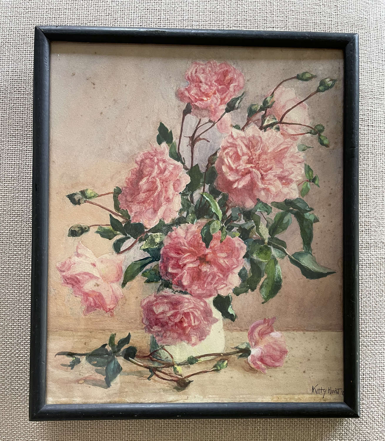 Vintage watercolour, 8 roses in a vase