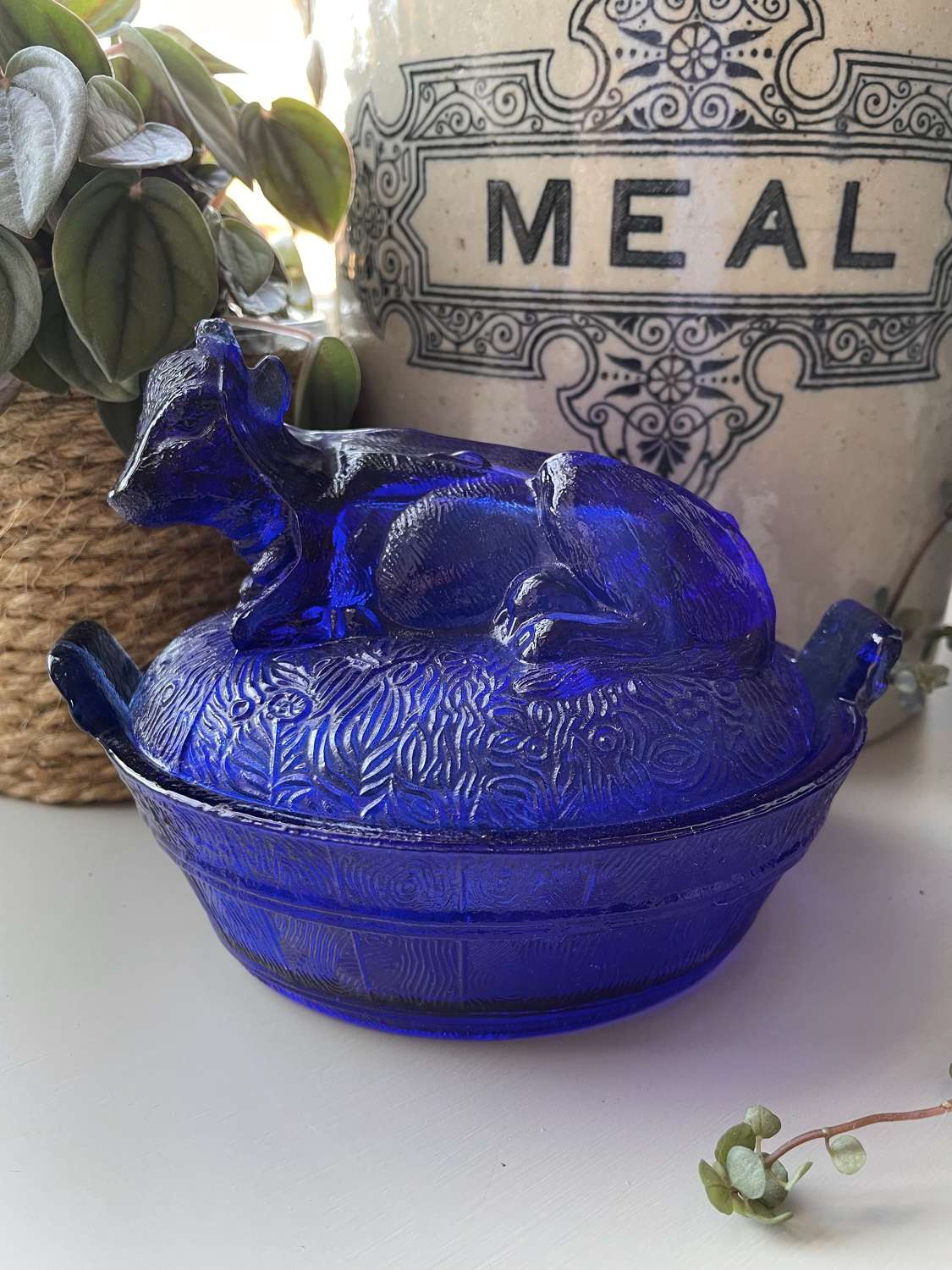 Vintage, Blue Glass Cow Butter Dish
