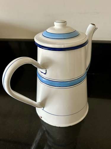 White and Blue Enamel Coffee Pot