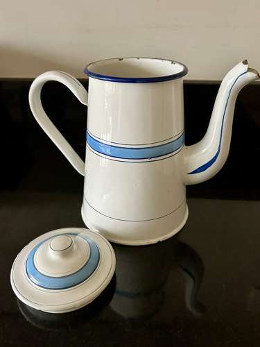 White and Blue Enamel Coffee Pot