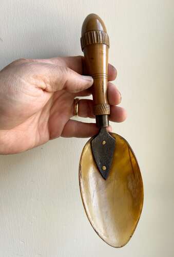 19th Cent HORN & PEAR WOOD SPOON