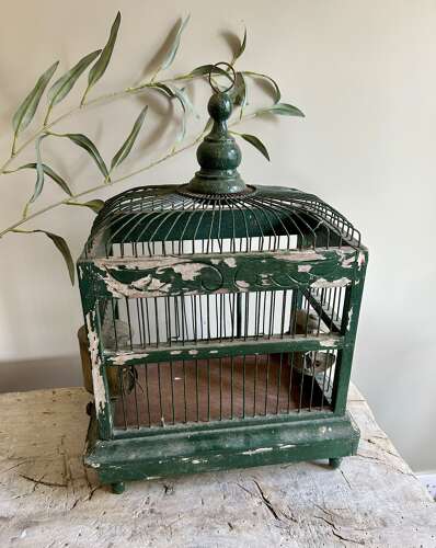 Antique Bird Cage with Brass Feeders
