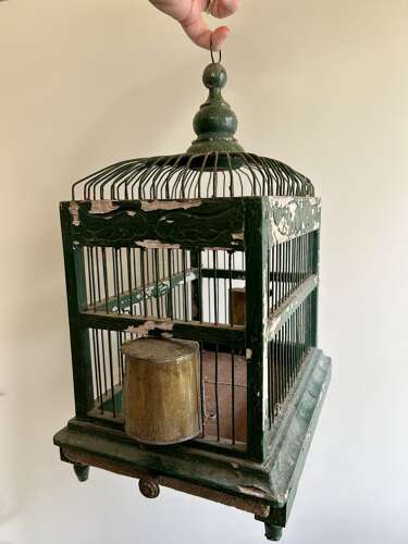 Antique Bird Cage with Brass Feeders