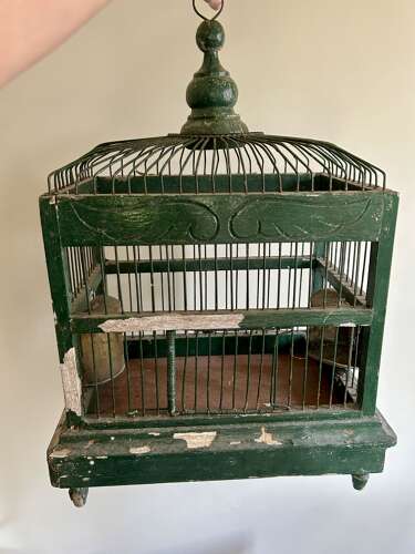 Antique Bird Cage with Brass Feeders