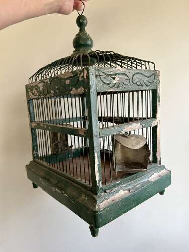 Antique Bird Cage with Brass Feeders