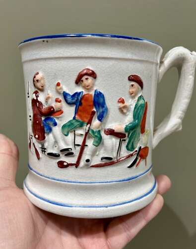 Lrge, 19th Cent Prattware Frog 'Farmer's' Mug
