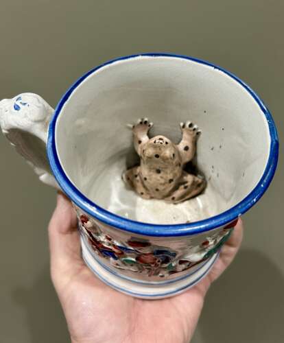 Lrge, 19th Cent Prattware Frog 'Farmer's' Mug