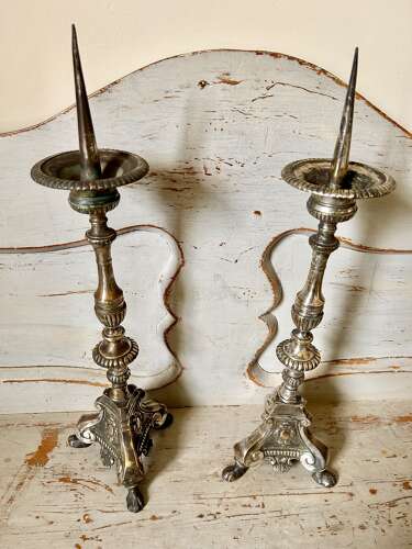 Large Pair of 19th Cent PRICKET CANDLESTICKS
