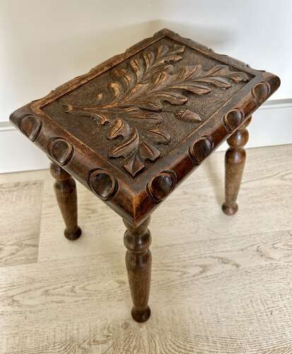 Deeply Carved Oak Cottage Stool