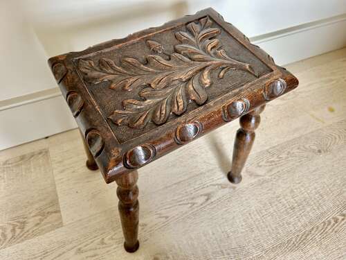 Deeply Carved Oak Cottage Stool