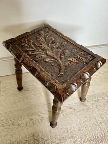 Deeply Carved Oak Cottage Stool