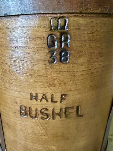 Fine, 2 handled HALF BUSHEL GRAIN MEASURE